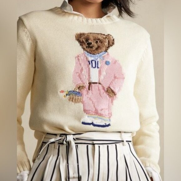 Polo by Ralph Lauren Cream Sweater with Pink Bear Design - Picture 1 of 6